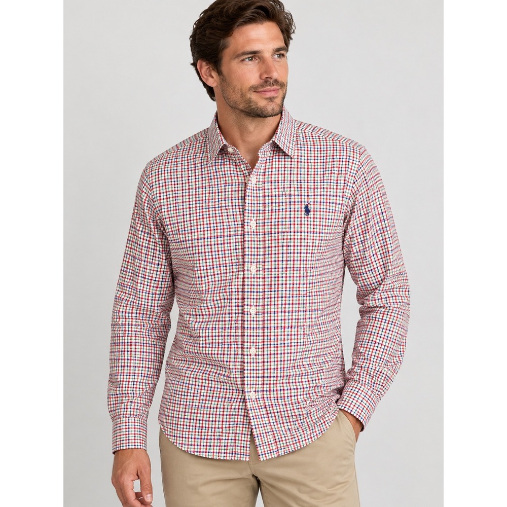 Polo Ralph Lauren Slim Fit Shirt Mens Medium Red Blue Green Tattersall Check